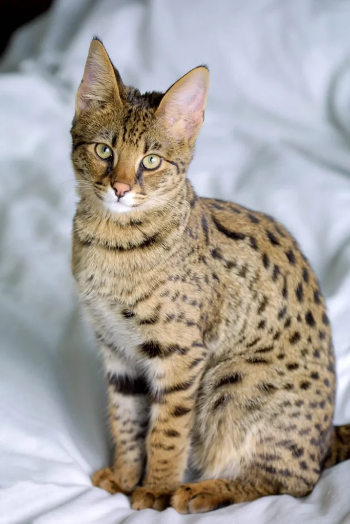 Un gato Savannah con manchas y orejas grandes